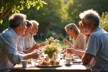 Famille multigenerational partageant un repas en plein air