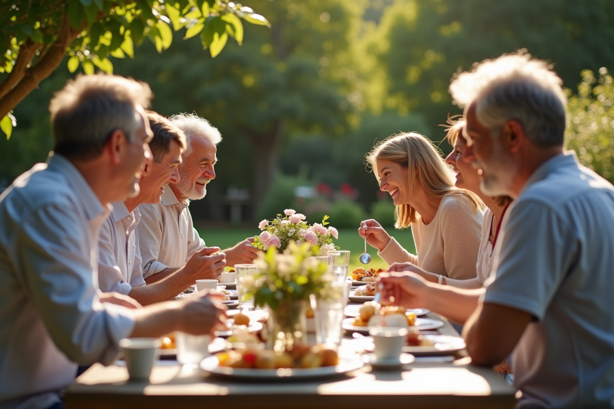 Famille multigenerational partageant un repas en plein air