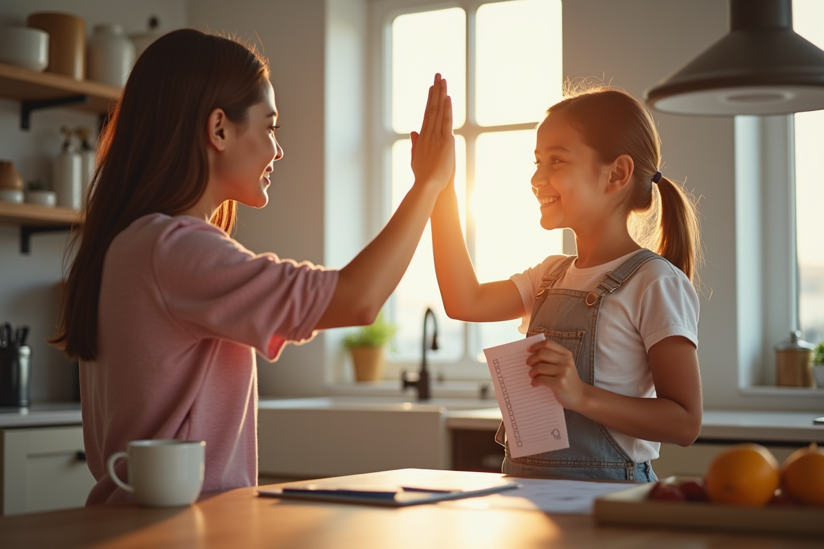 Parent et adolescente se félicitant dans la cuisine en matinée