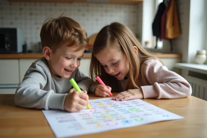 Famille française autour d'un calendrier scolaire à la maison
