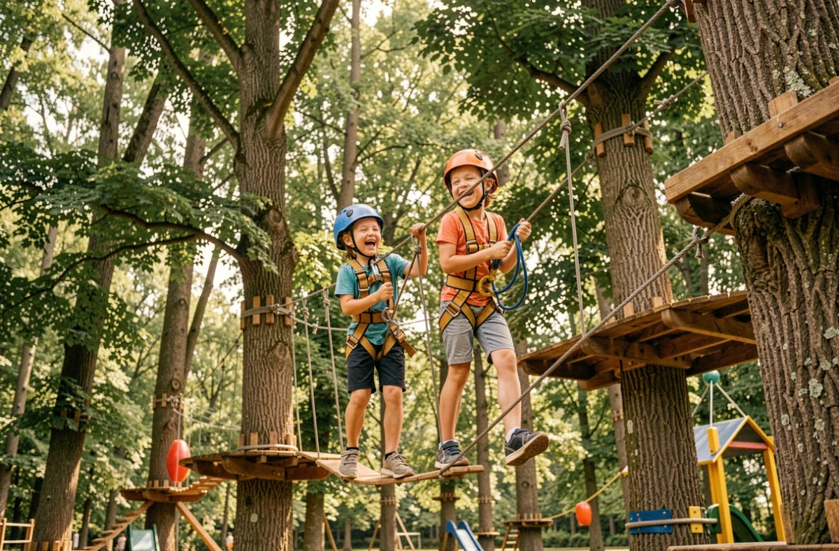 Deux enfants avec casques et harnais traversant un pont de cordes suspendu dans les arbres au Family Park