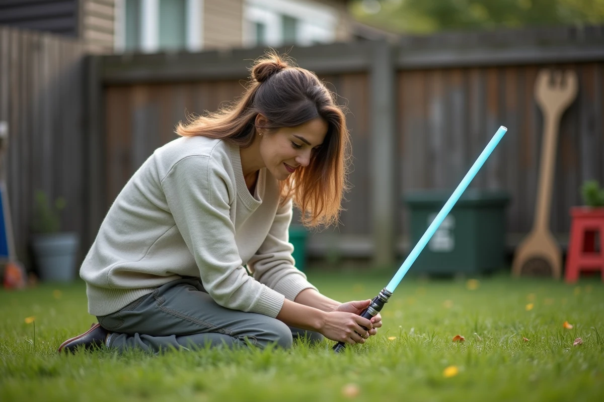 Femme en extérieur assemble un sabre laser dans le jardin