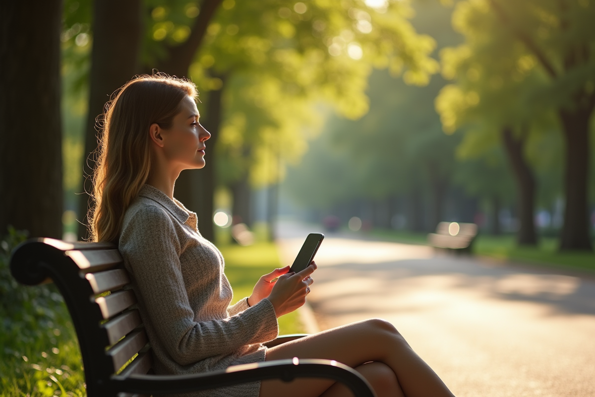 Femme seule sur un banc de parc en contemplation