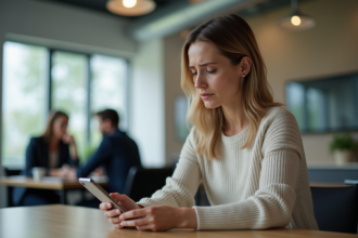 Femme au bureau regardant son smartphone en contexte professionnel