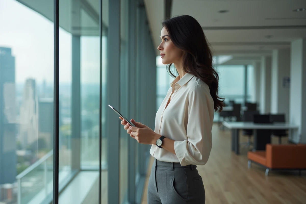 Femme déterminée dans un bureau moderne tenant une tablette, symbolisant l'évolution de carrière influencée par la vie de couple