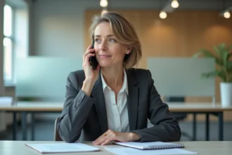 Femme d'âge moyen parlant au téléphone dans un bureau moderne