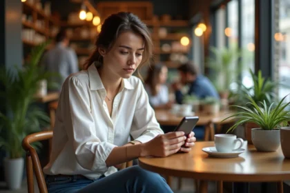 Femme en blouse et jeans dans un café contemplant son smartphone