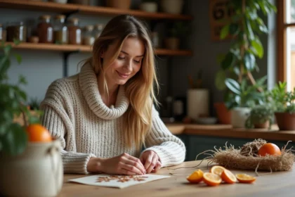 Femme créant une carte de Noël écologique à la maison