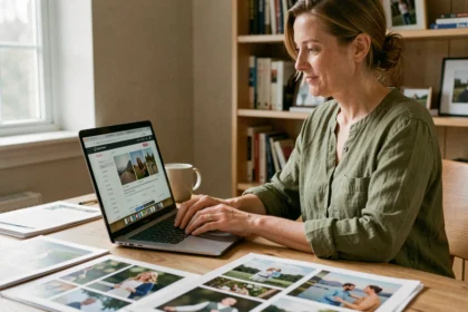 Femme consultant un annuaire de photographes en ligne sur un ordinateur portable dans un bureau à domicile