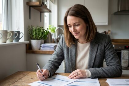 Femme d'affaires examine des documents santé à la maison