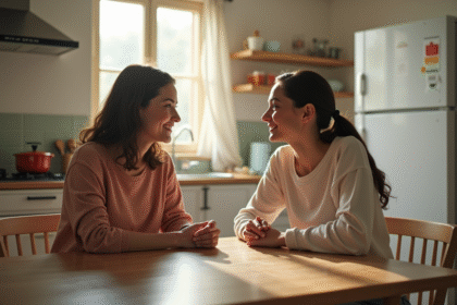 Femme et mère discutent dans la cuisine en lumière naturelle