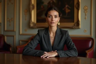 Femme élégante et discrète assise dans un salon parisien luxueux, évoquant le mystère et la réserve d'un profil public énigmatique