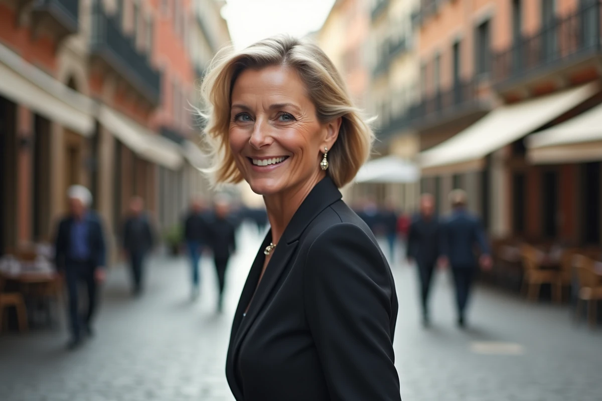 Femme élégante marchant dans une place pavée en ville historique