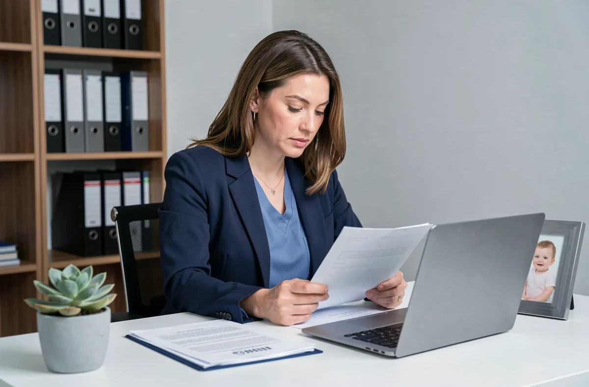 Femme professionnelle consultant des documents juridiques sur le droit au congé maternité pour allaitement prolongé dans un bureau à domicile