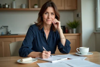 Femme écrivant une lettre dans une cuisine lumineuse