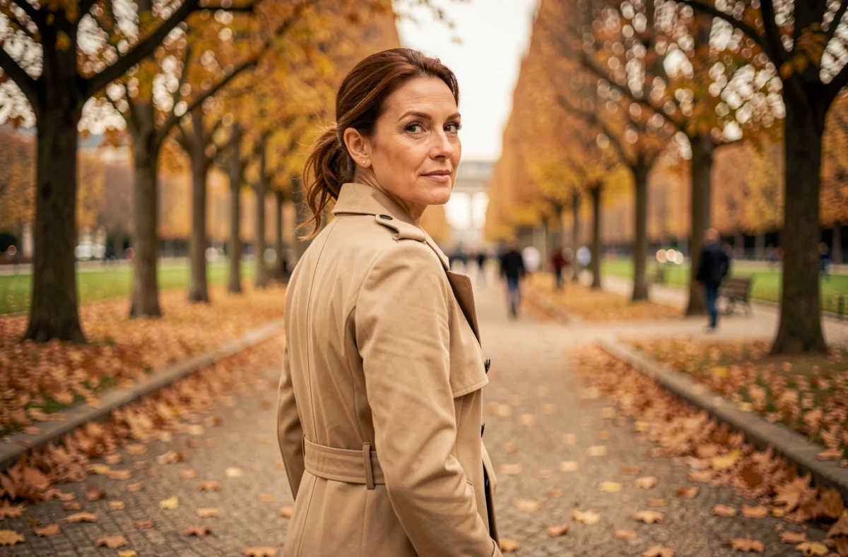 Femme élégante française en imperméable beige se promenant dans un parc parisien en automne, regard discret