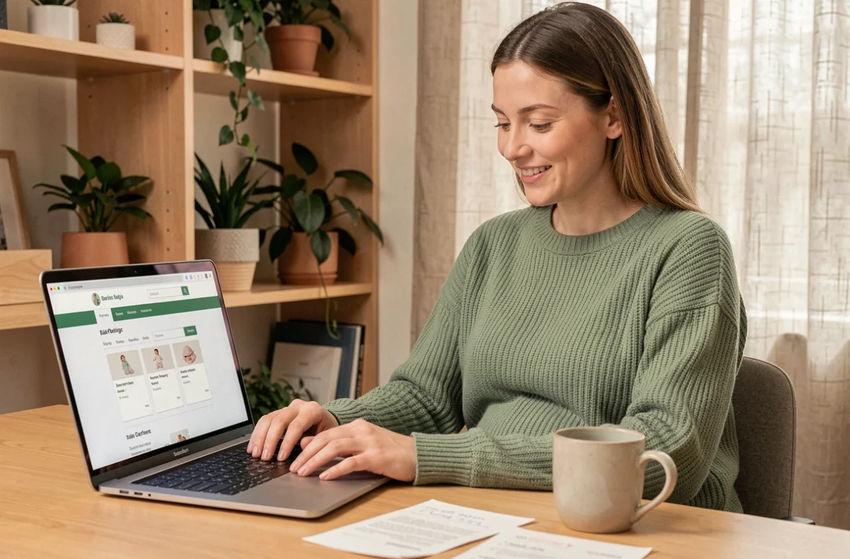Femme enceinte consultant sa liste de naissance en ligne sur un ordinateur portable dans un bureau à domicile décoré avec soin