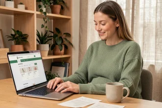 Femme enceinte consultant sa liste de naissance en ligne sur un ordinateur portable dans un bureau à domicile décoré avec soin