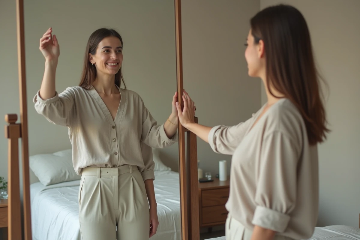 Femme regardant son reflet dans un miroir, représentant la construction de l'identité et la confiance en soi dans le contexte du syndrome de la femme enfant