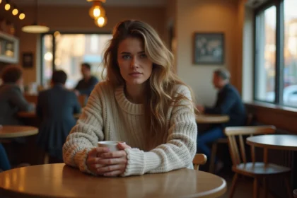 Femme adulte pensive dans un café, symbolisant l'introspection liée au syndrome de la femme enfant et la confiance en soi