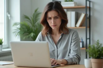 Femme frustrée devant son ordinateur portable incapable de se connecter à Medisys en raison d'une erreur d'identifiant