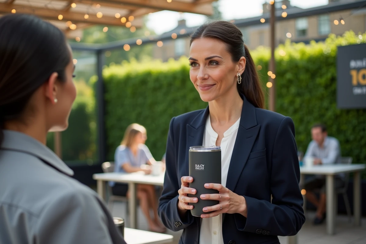 Femme d'affaires présentant un gobelet personnalisé lors d'un événement anniversaire d'entreprise en extérieur
