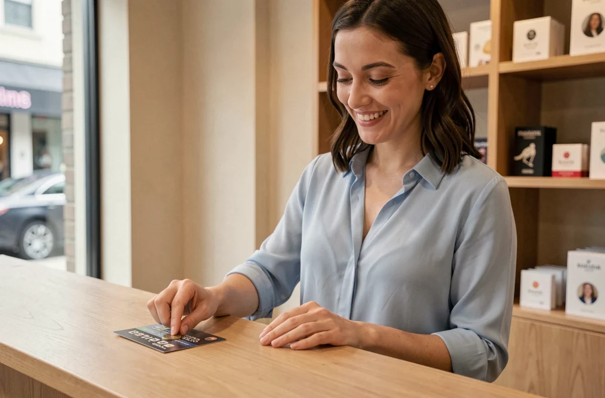 Une femme souriante gratte un jeu à gratter personnalisé au comptoir d'une boutique moderne