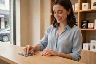 Une femme souriante gratte un jeu à gratter personnalisé au comptoir d'une boutique moderne