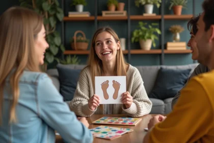 Femme souriante tenant une carte avec empreintes de bébé lors d'une soirée entre amis