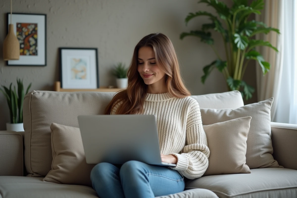 Femme souriante avec ordinateur portable à la maison