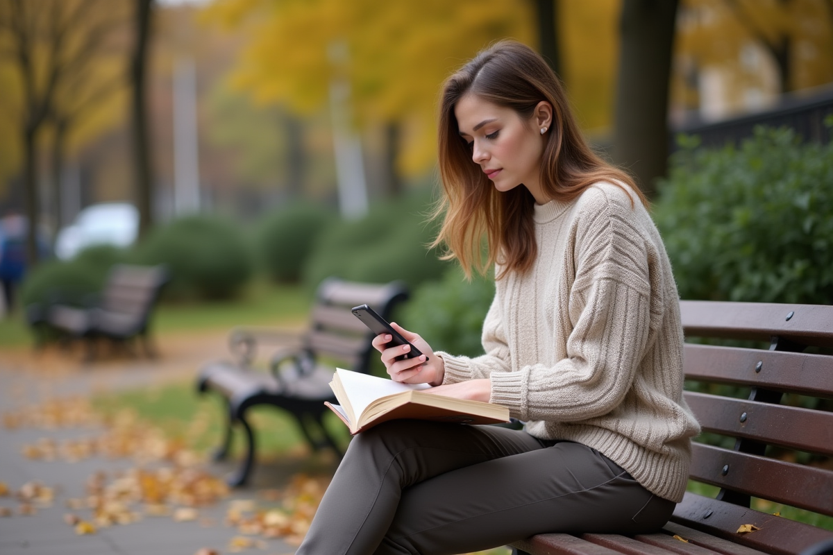 Femme lisant un livre sur un banc en automne dans un parc