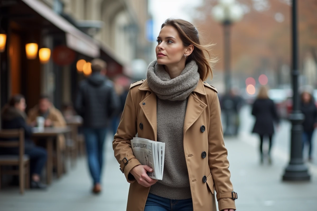 Femme élégante marchant dans une rue urbaine automnale