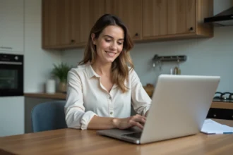 Femme assise à la cuisine utilisant son ordinateur portable