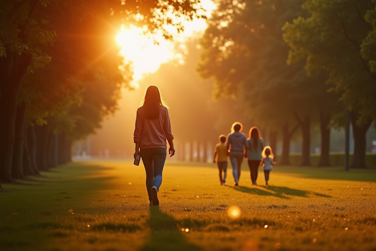 Femme marche dans un parc au coucher du soleil en pensant