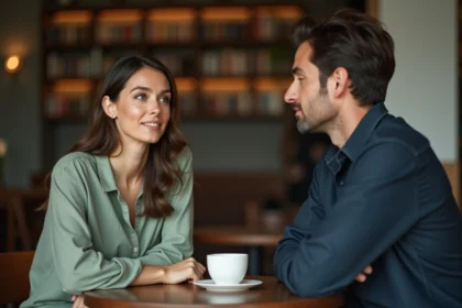 Femme discutant d'engagement avec un homme distant dans un café chaleureux, langage corporel ouvert et attentif