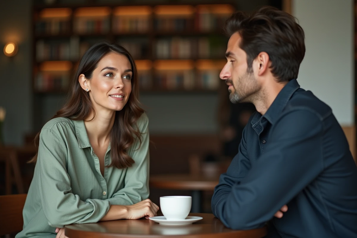 Femme discutant d'engagement avec un homme distant dans un café chaleureux, langage corporel ouvert et attentif