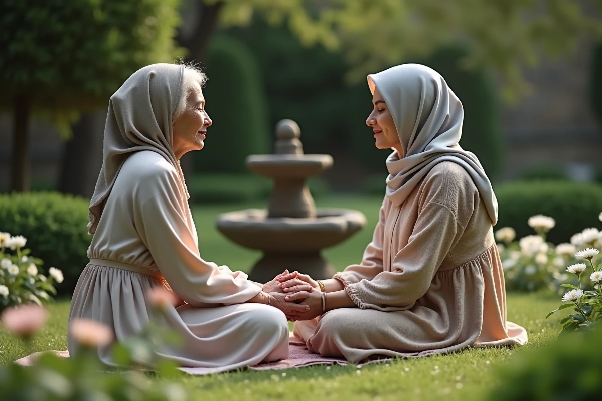 Femme âgée en prière dans un jardin paisible