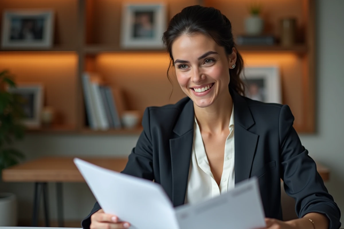 Femme professionnelle souriante à son bureau à domicile, évoquant l'équilibre entre vie amoureuse et carrière