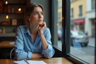 Femme pensive tenant une bague dans un café
