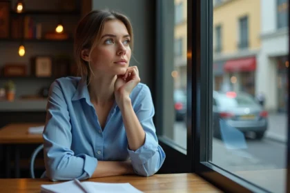 Femme pensive tenant une bague dans un café