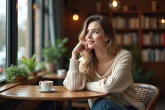 Femme pensant dans un café cosy avec vue sur la rue
