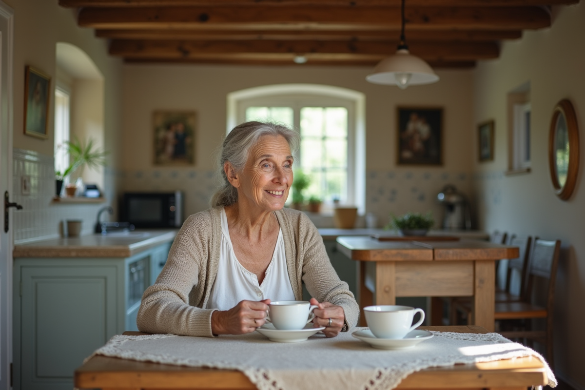 Femme âgée souriante dans cuisine familiale chaleureuse
