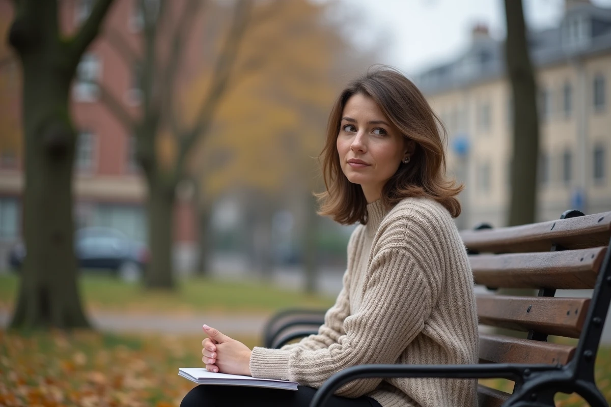 Femme contemplative sur un banc dans un parc automnal
