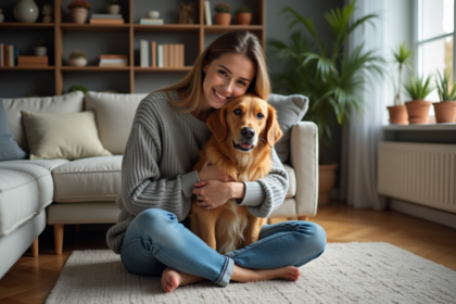 Jeune femme avec chien retriever dans un intérieur chaleureux