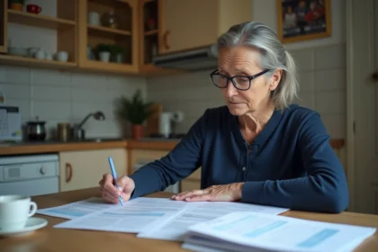Femme d'âge mûr examinant des documents administratifs liés au RSA majoré à une table de cuisine modeste