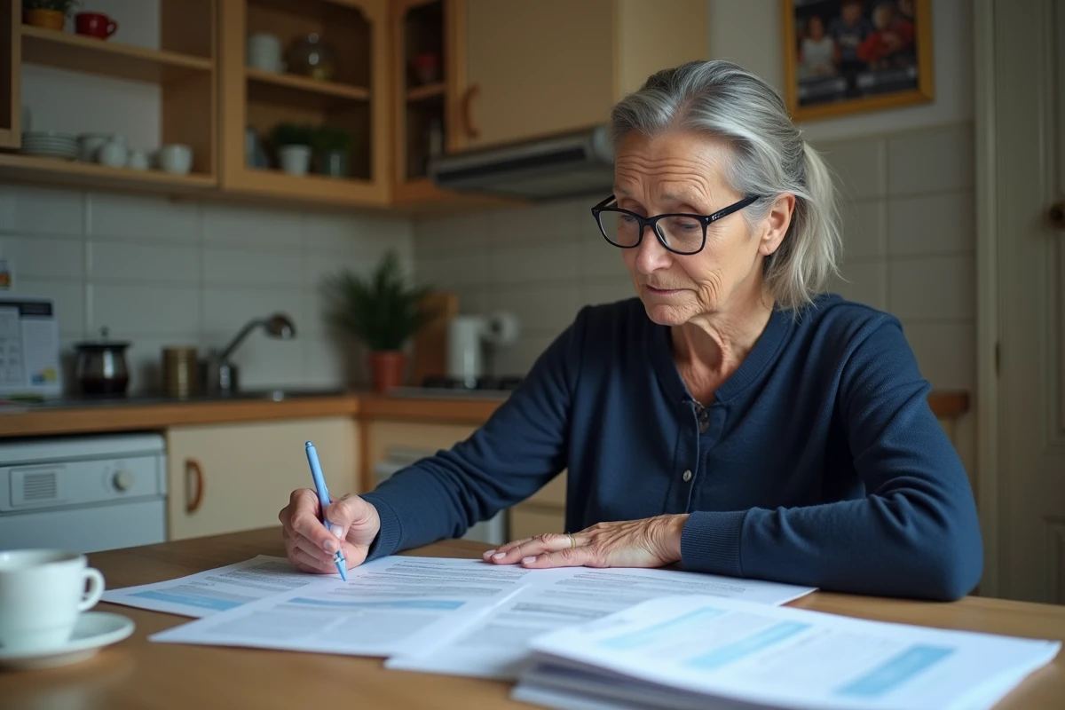 Femme d'âge mûr examinant des documents administratifs liés au RSA majoré à une table de cuisine modeste