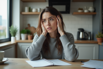 Femme pensive dans une cuisine moderne en journée