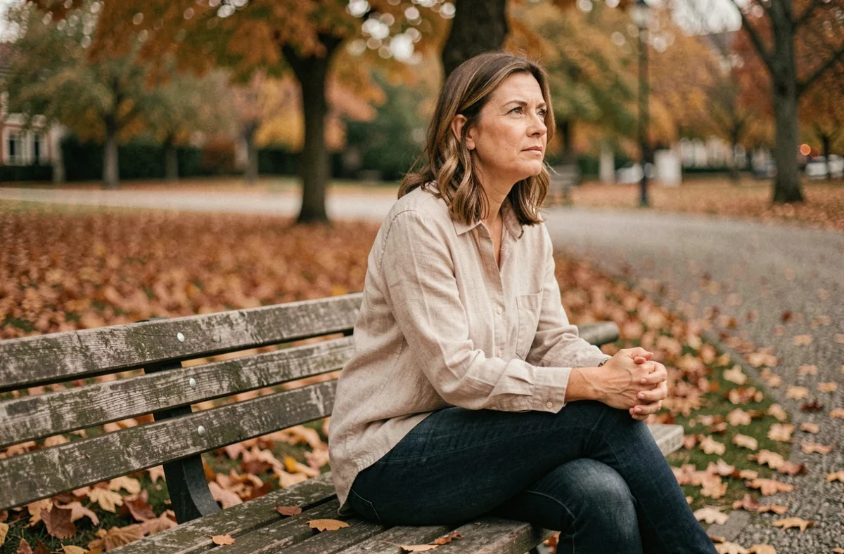 Femme adulte assise seule sur un banc de parc en automne, visage contemplatif, illustrant le rejet parental et la quête d'équilibre émotionnel