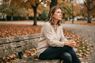 Femme adulte assise seule sur un banc de parc en automne, visage contemplatif, illustrant le rejet parental et la quête d'équilibre émotionnel