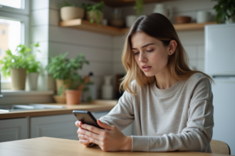 Jeune femme réfléchissant avec son smartphone dans la cuisine